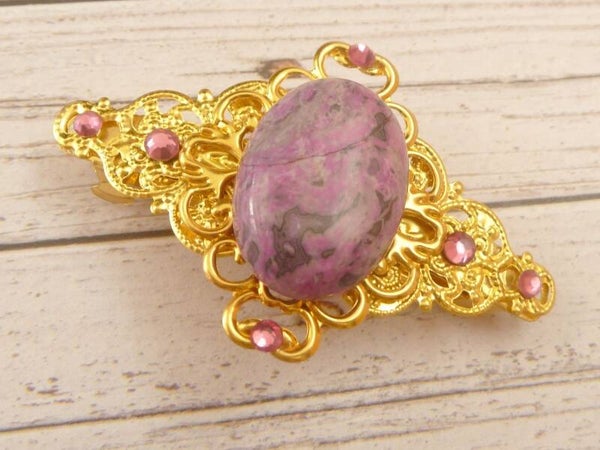 Kleine Haarspange mit Edelstein Cabochon goldfarben