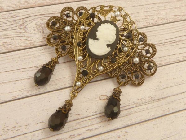 Nostalgie Haarspange mit Kamee schwarz bronzefarben Hochzeits Haarschmuck