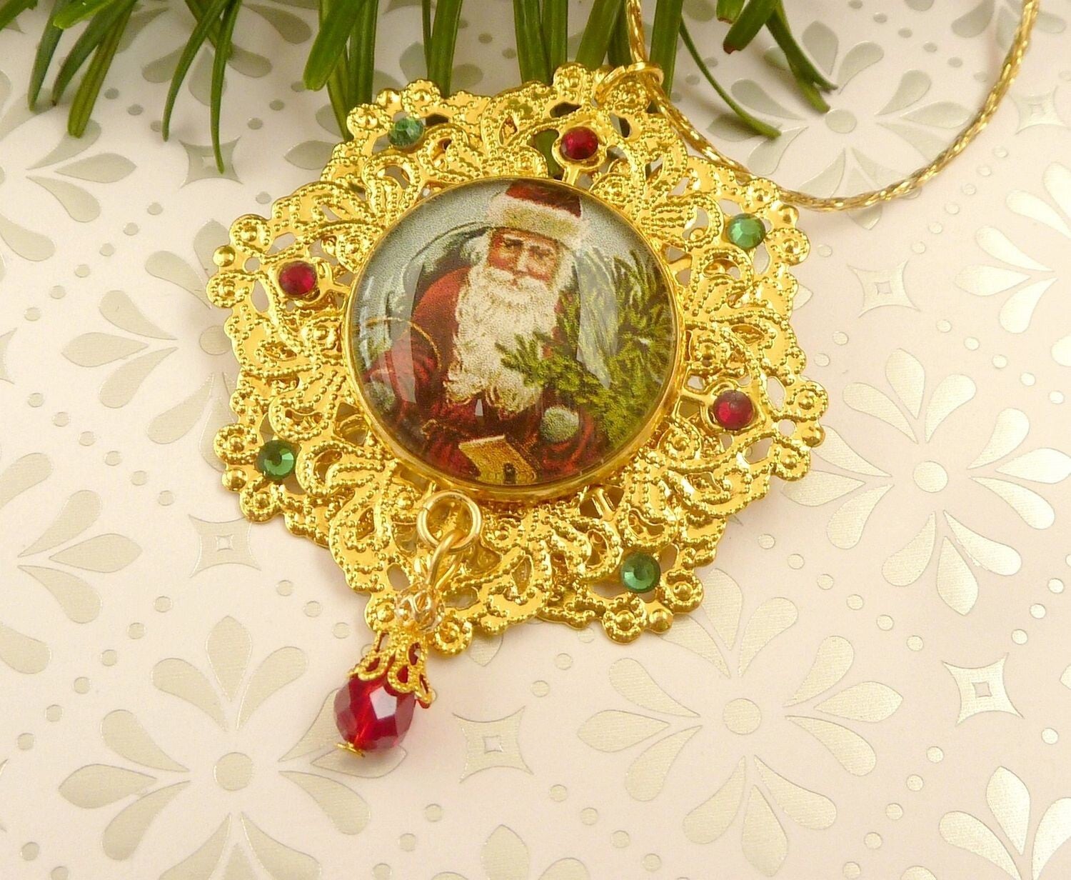 Edler Deko-Anhänger mit Weihnachtsmann sternförmig grün rot goldfarben Weihnachtsbaum Dekoration