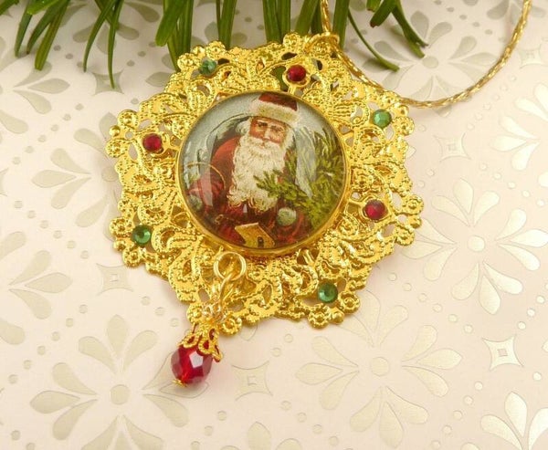 Edler Deko-Anhänger mit Weihnachtsmann sternförmig grün rot goldfarben Weihnachtsbaum Dekoration