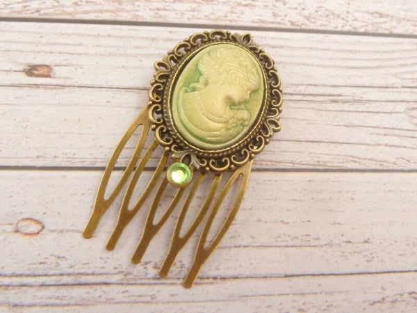 Kleiner Haarkamm mit Kamee im Antik Stil bronze perlmuttgrün