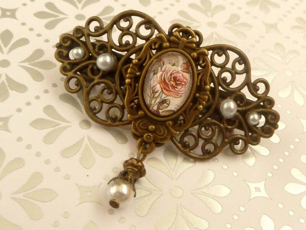 Kleine Haarspange mit nostalgischem Rosen Motiv bronzefarben Zopf Haar Accessoire