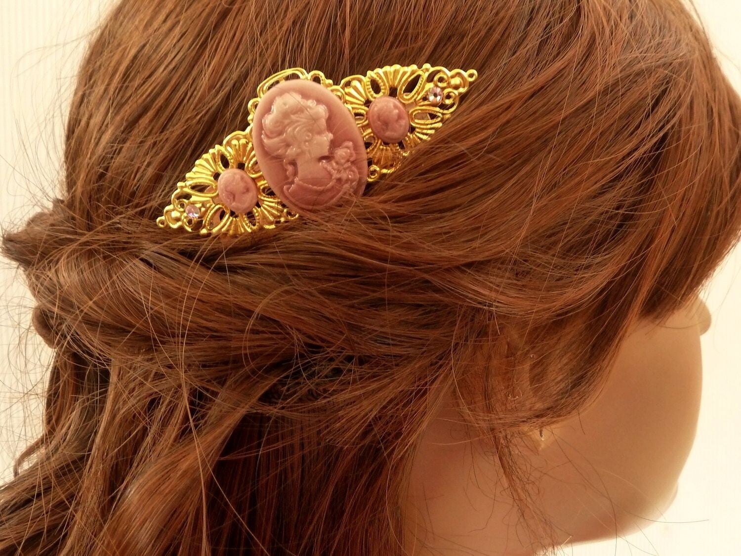 Eleganter Haarkamm mit drei Kameen rosa goldfarben Braut Hochzeit Haarschmuck