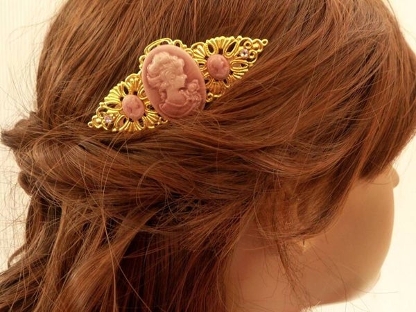 Eleganter Haarkamm mit drei Kameen rosa goldfarben Braut Hochzeit Haarschmuck