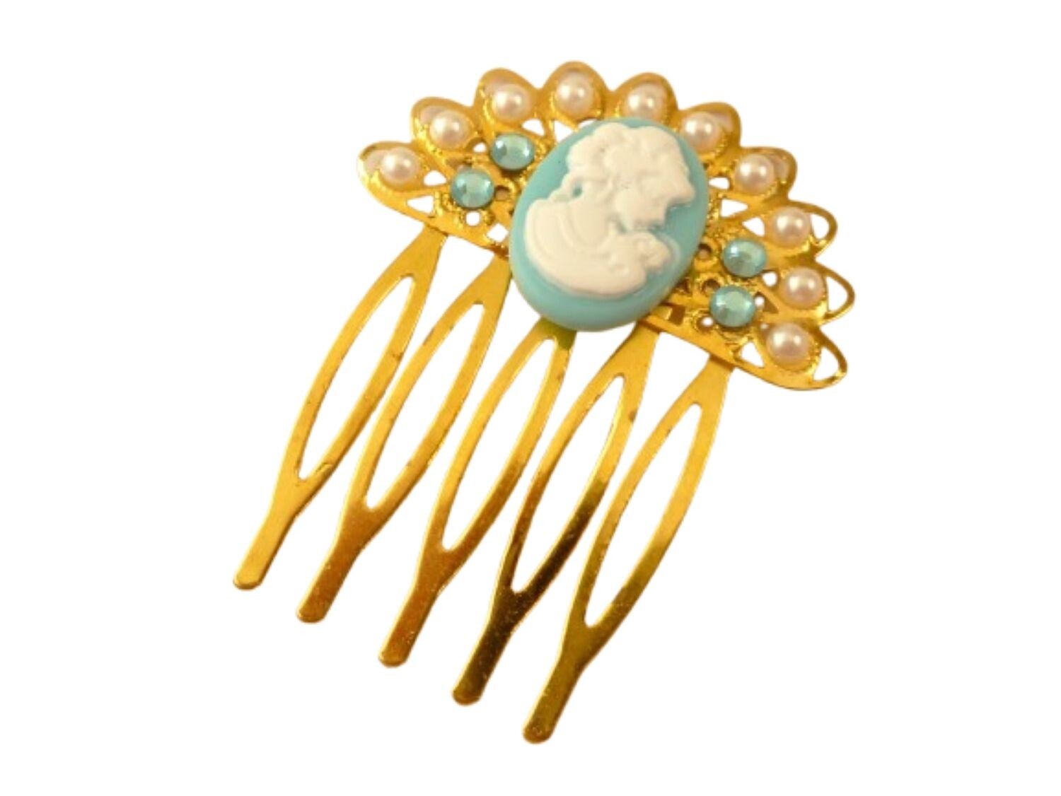 Kleiner Haarkamm mit Kamee türkis mit Fächer Ornament goldfarben Braut Hochzeit