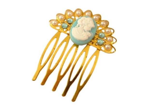 Kleiner Haarkamm mit Kamee türkis mit Fächer Ornament goldfarben Braut Hochzeit