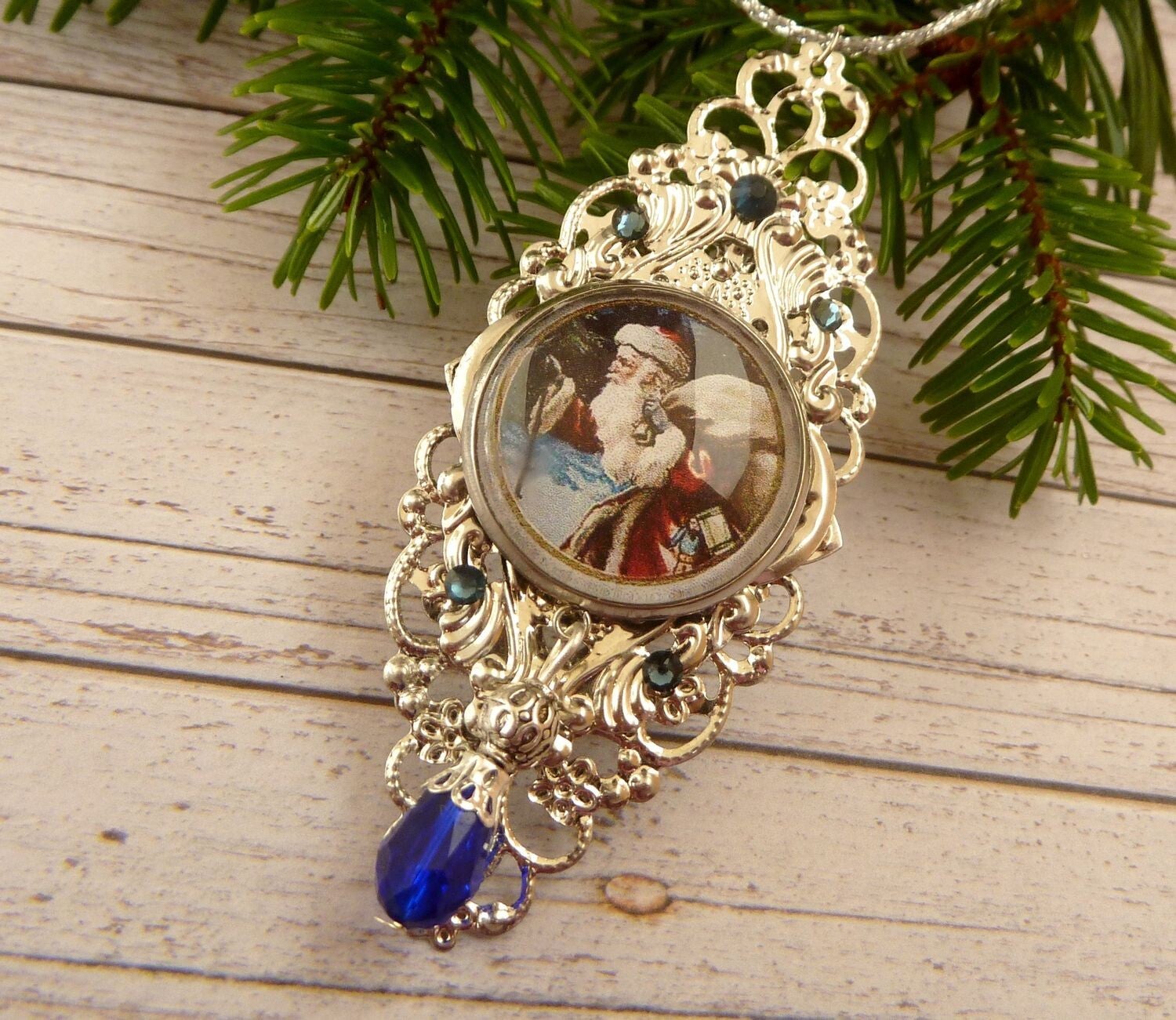 Edler Deko-Anhänger mit Santa Claus silberfarben Weihnachtsbaum Dekoration Adventskränze Gesteck Schmuck