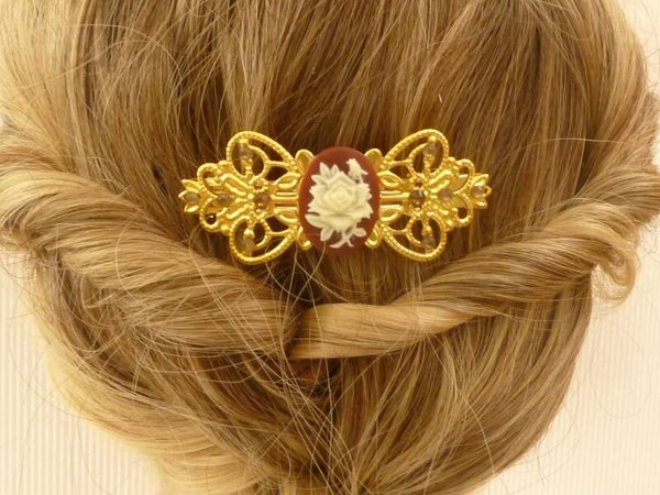 Haarspange in Schleifenform mit schöner Rose Kamee rotbaun goldfarben