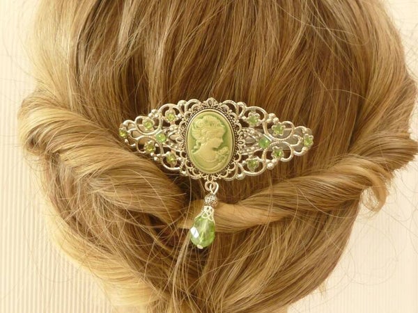Elegante Haarspange mit Kamee mit Dame perlmuttgrün silberfarbe