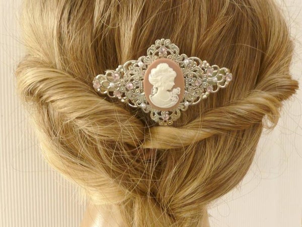 Edle Haarspange im Vintage Stil mit Kamee mit Dame rosa silberfarben