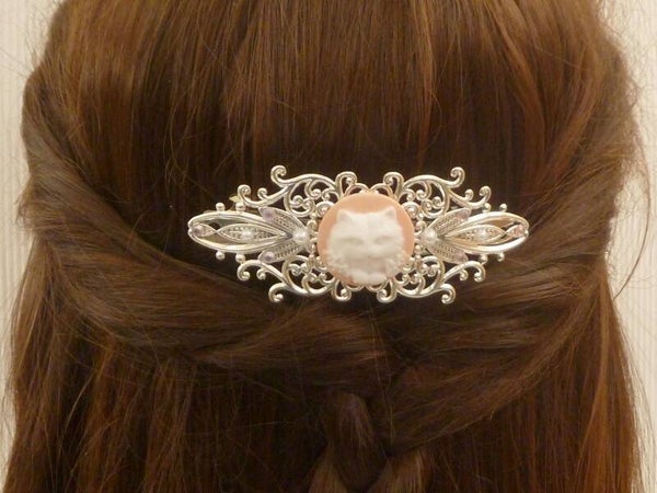 Haarspange mit Katze Kamee rosa silberfarben Geschenkidee Mädchen