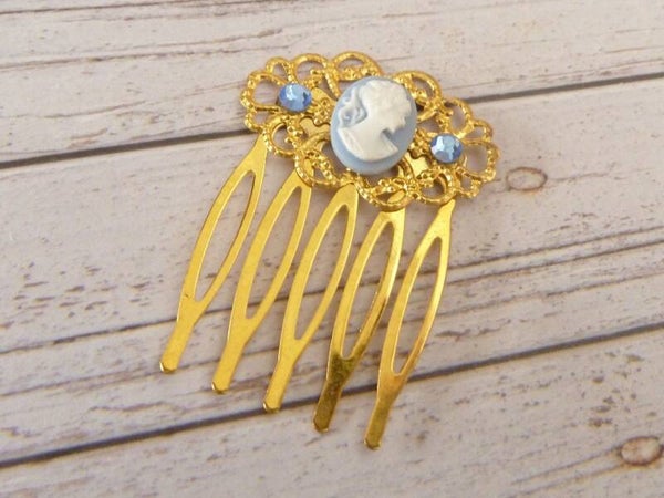 Zierlicher Haarkamm mit Kamee blau goldfarben
