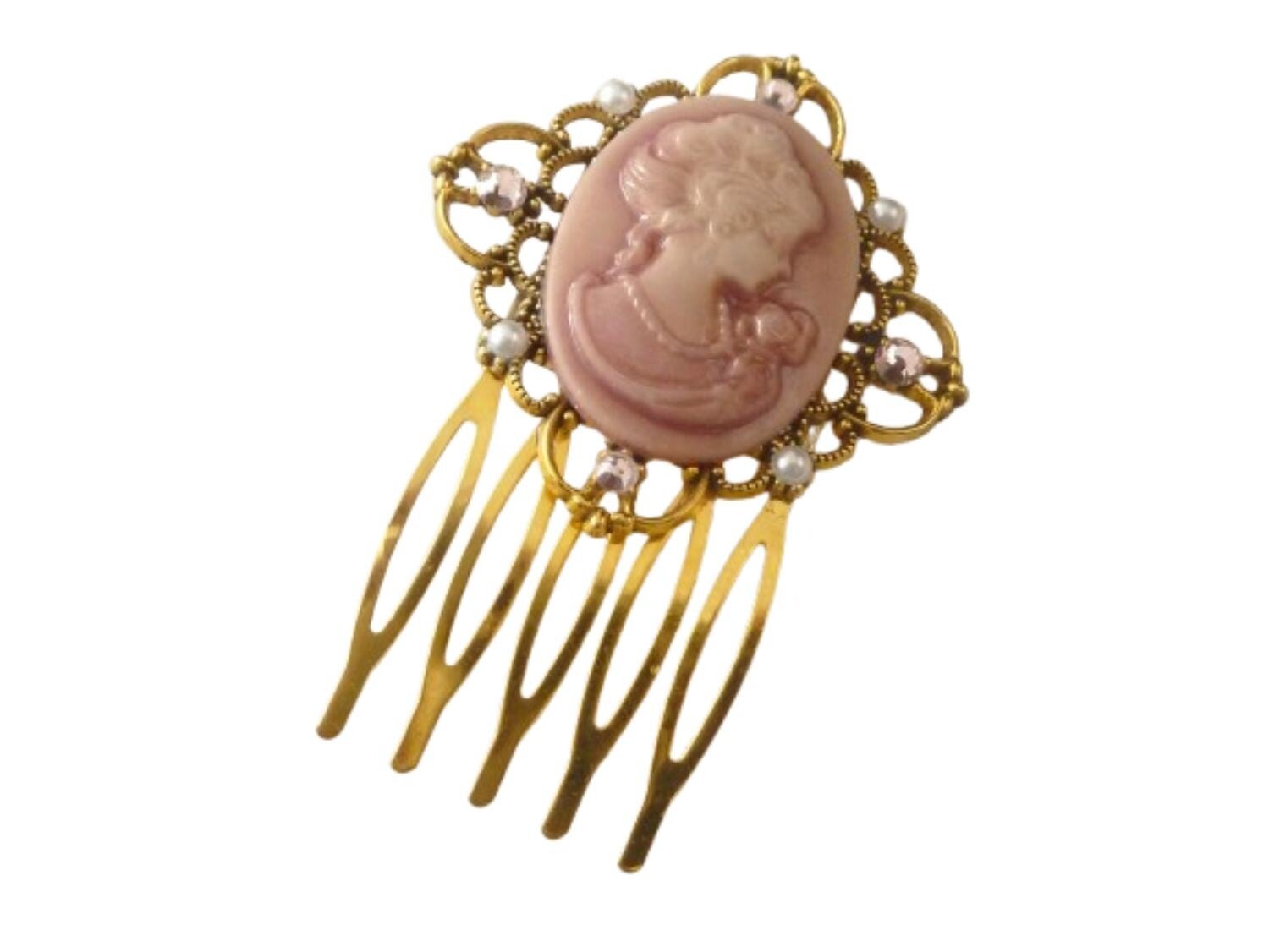 Festlicher Haarkamm mit Kamee rosa goldfarben Braut Hochzeit