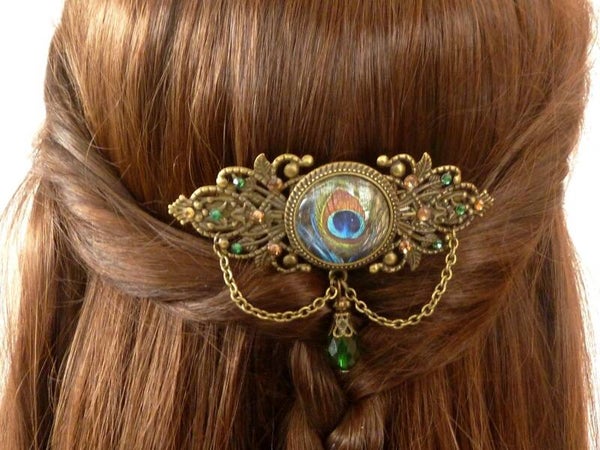 Große Haarspange mit Pfauenfeder Motiv Jugendstil Design bronzefarben