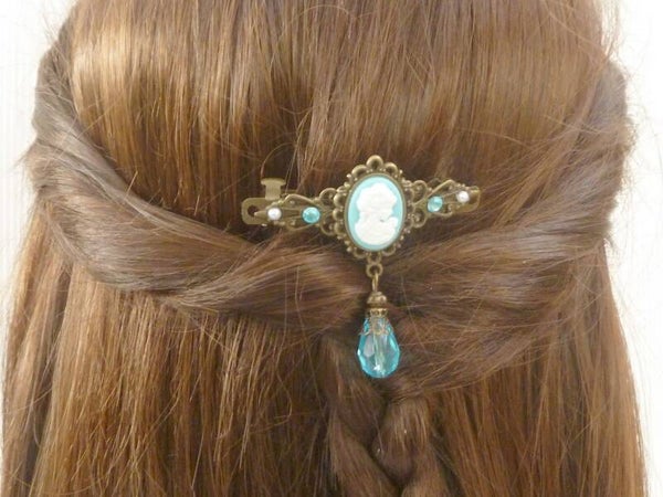Kleine Haarspange mit Kamee türkis bronzefarben Zopf Haarschmuck