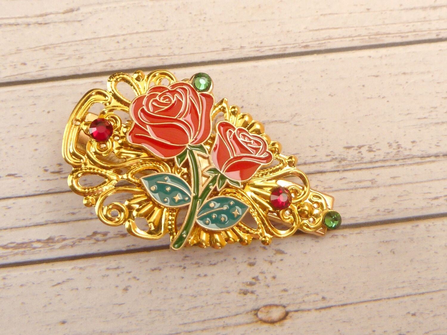 Haarclip in Tropfenform mit emaillierten Rosen goldfarben