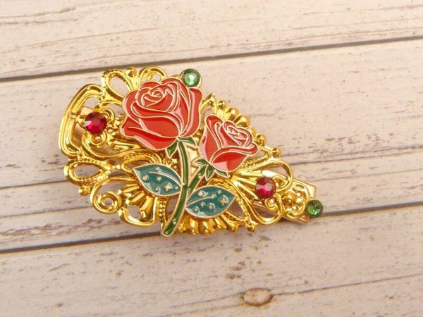 Haarclip in Tropfenform mit emaillierten Rosen goldfarben