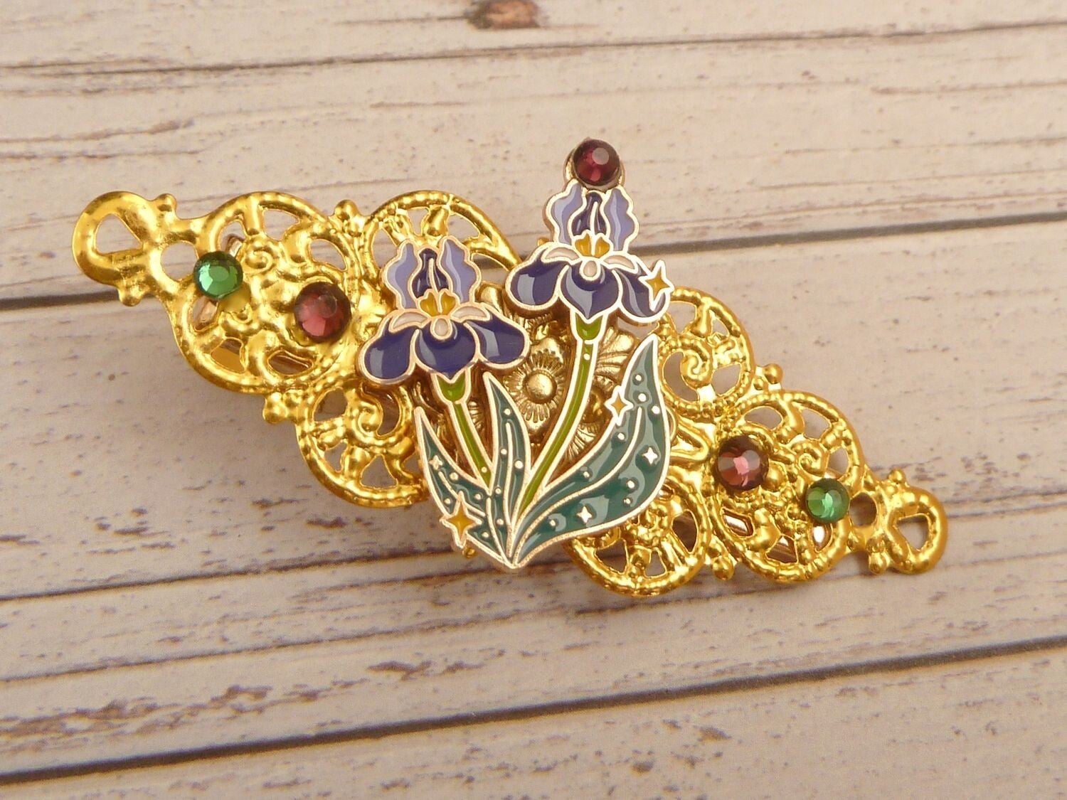 Kleine Haarspange mit Emaille Iris lila grün goldfarben Flechtfrisur