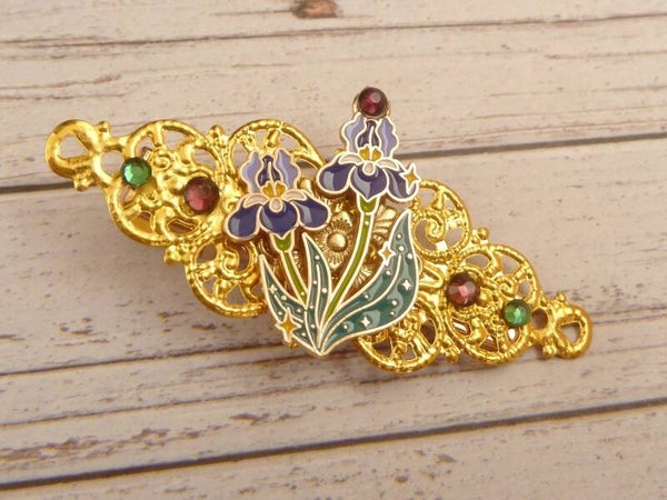 Kleine Haarspange mit Emaille Iris lila grün goldfarben Flechtfrisur