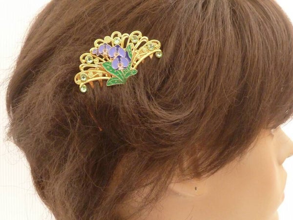 Eleganter Haarkamm goldfarben Fächerform mit emailliertem Orchideen Motiv