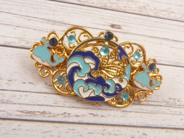 Kleine maritime Haarspange mit emaillierten Meeresmotiven türkis blau goldfarben