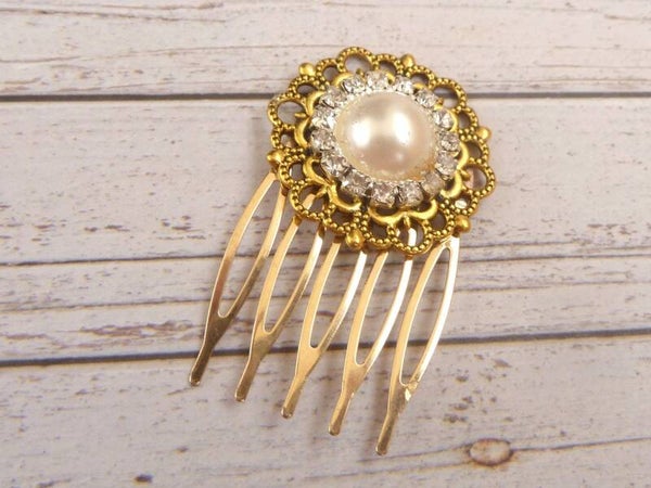 Kleiner festlicher Haarkamm mit Strassperle goldfarben filigran