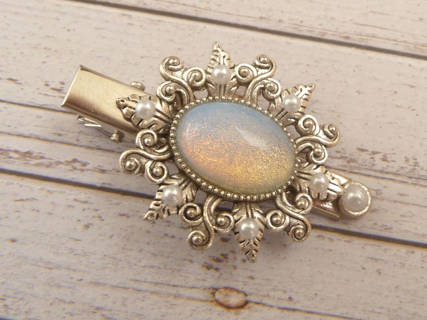 Edelstein Haarclip mit Mondstein Cabochon silberfarben barock Stil