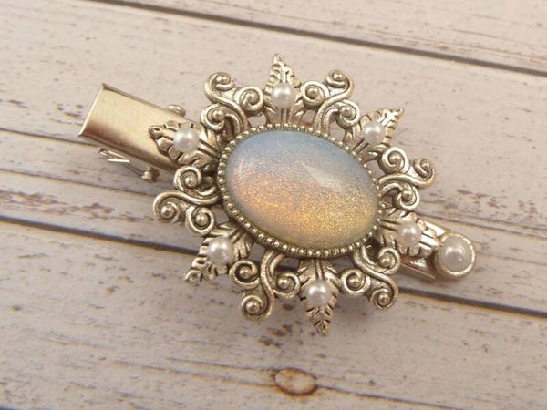Edelstein Haarclip mit Mondstein Cabochon silberfarben barock Stil