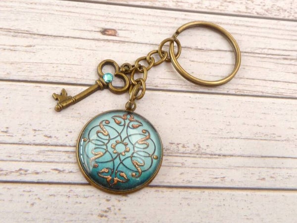 Edler Schlüsselanhänger mit Barock Motiv blau bronzefarben Geschenkidee für sie