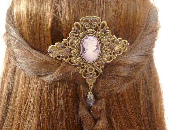 Große Haarspange mit Kamee lila bronzefarben festlicher Haarschmuck