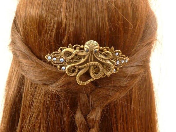 Große Haarspange mit Krake bronzefarben Steampunk Stil Haarschmuck
