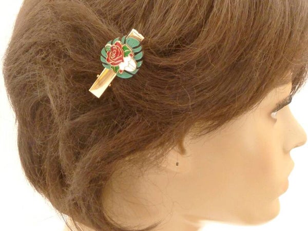 Edler Haarclip mit Holz Blatt und Emaille Ornament mit Rose goldfarben