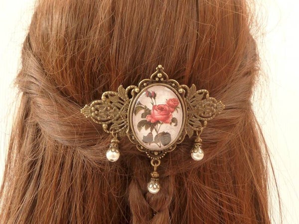 Große Haarspange mit Nostalgie Rose bronzefarben