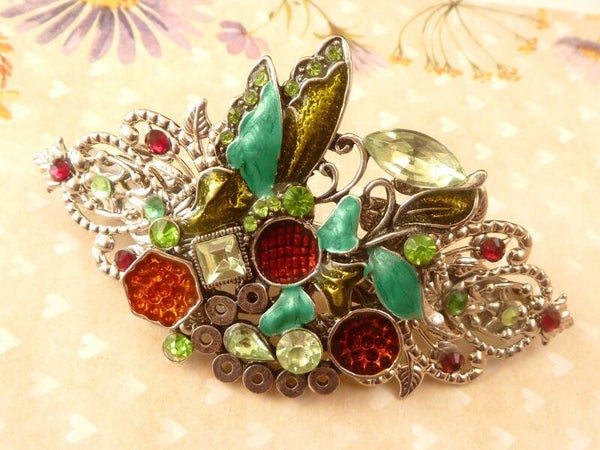Große Haarspange mit Schmetterling Emaille Strass grün rot silberfarben