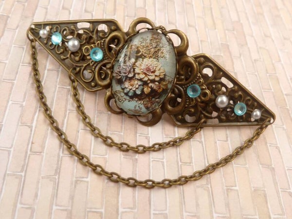 Nostalgische Haarspange mit Blüten Motiv bronzefarben Unikat