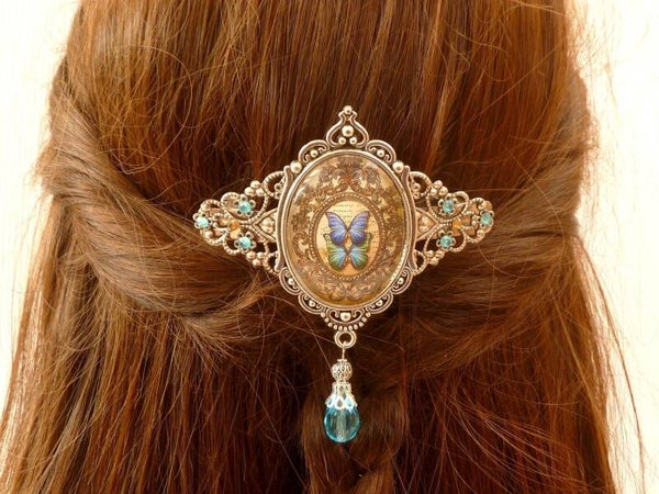 Große Haarspange mit Schmetterling Motiv im Jugendstil Design türkis braun silberfarben