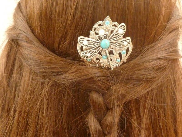 Edelstein Haarkamm mit Libelle und Türkis Cabochon silberfarben