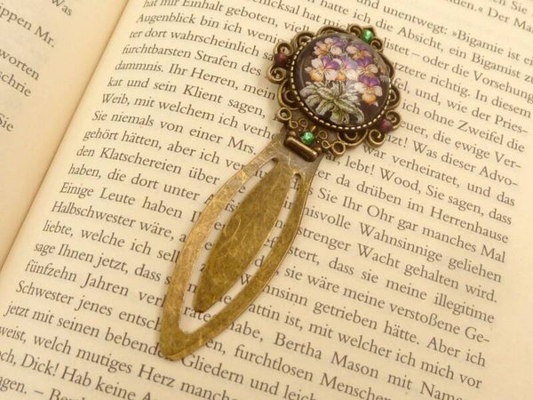 Lesezeichen Im Vintage Stil mit Stiefmütterchen Motiv bronzefarben,