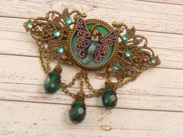 Große Unikat Haarspange handbemalt mit Elfe Motiv bronzefarben mit buntem Strass