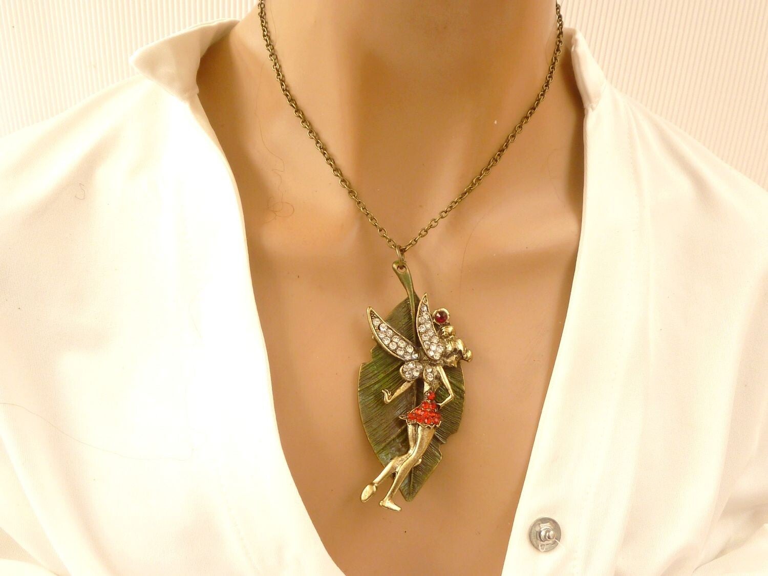Große Halskette mit Elfe und bemaltem Blatt Unikat Schmuck Geschenkidee Mädchen