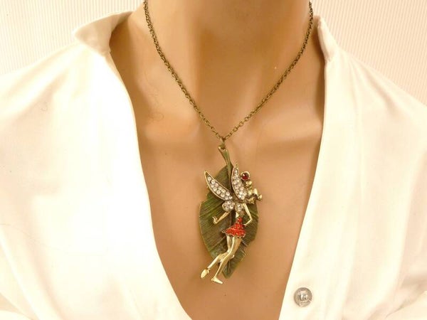 Große Halskette mit Elfe und bemaltem Blatt Unikat Schmuck Geschenkidee Mädchen