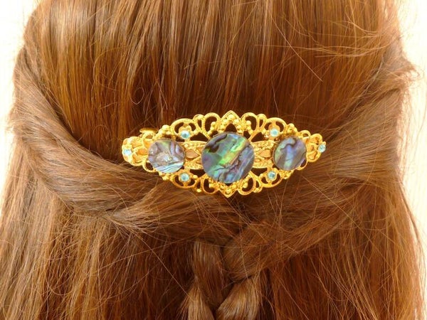 Edle Haarspange mit drei Abalone Muschelscheiben goldfarben