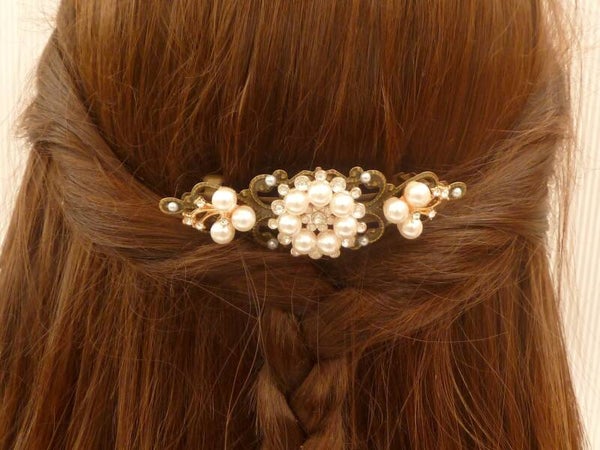 Festliche Haarspange mit Perlenverzierungen und klarem Strass bronzefarben