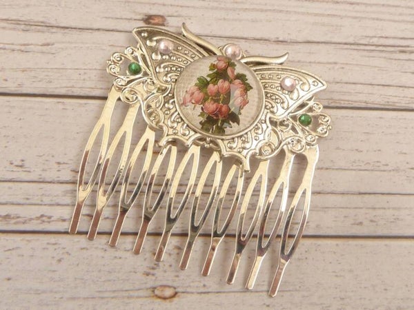 Sommerlicher Haarkamm mit Schmetterling und Blüten Cabochon silberfarben