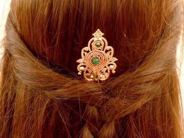 Schmaler Haarkamm mit gewickeltem Kupfer Ornament und Aventurin Edelstein Ornament rotgoldfarben Unikat