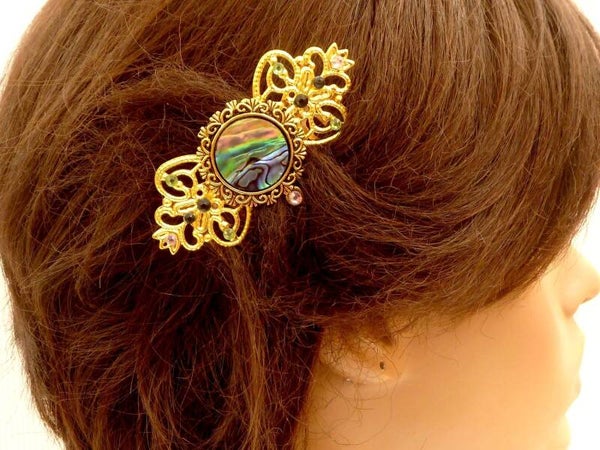 Eleganter Haarkamm mit Abalone Muschelscheibe goldfarben goldene Hochzeit Haarschmuck Braut Geschenkidee