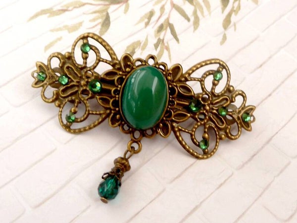 Edelstein Haarspange in schleifenform mit Aventurin Cabochon bronzefarben Unikat