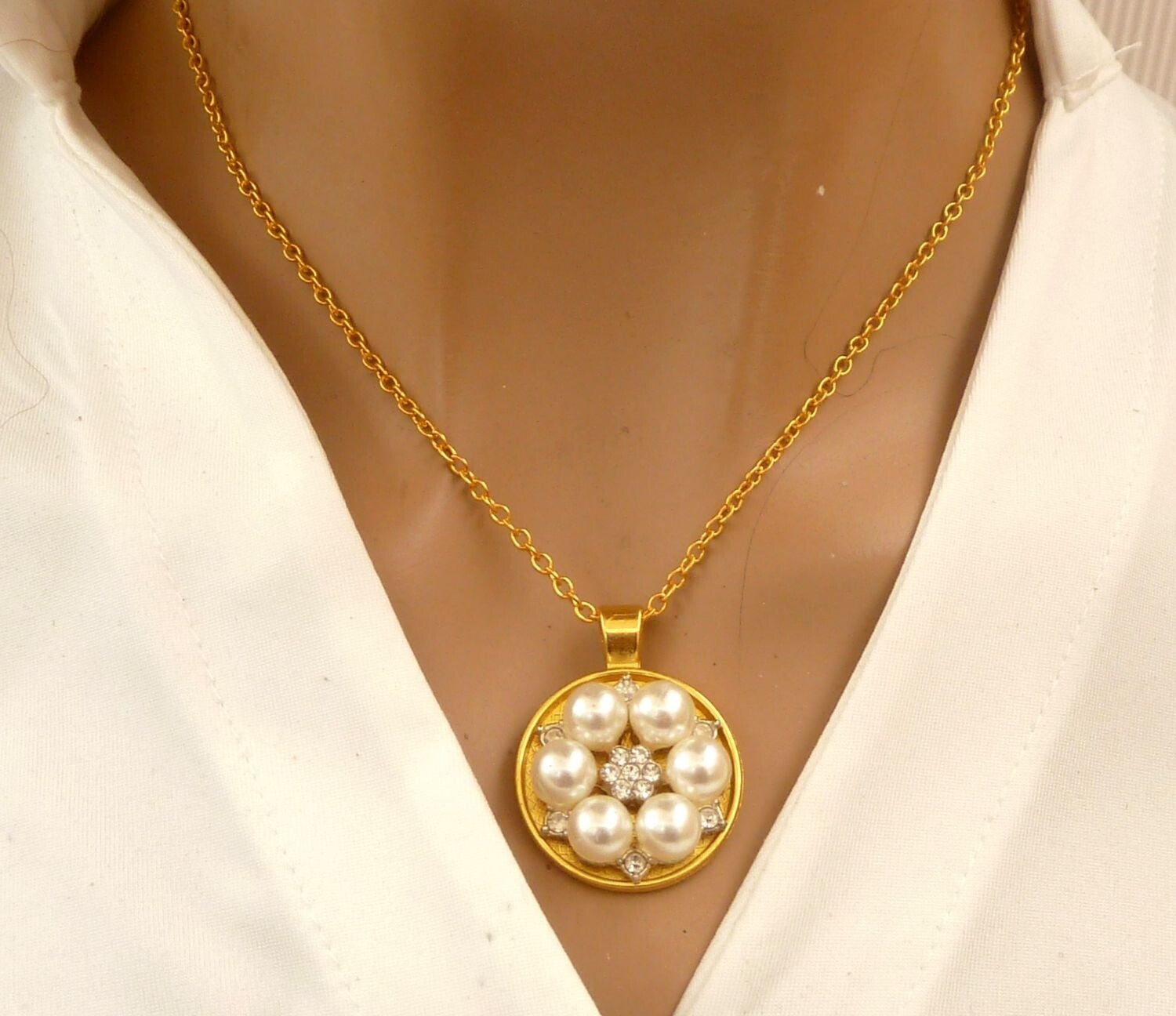 Exklusive Halskette mit Perlen goldfarben mit klarem Strass Braut Hochzeit Schmuck