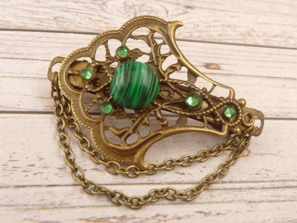 Kleine Edelstein Haarspange mit Malachit Cabochon antik Stil
