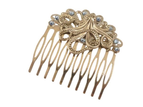 Haarkamm im Steampunk Stil mit Krake Motiv silberfarben Fächerform blaue Kristalle
